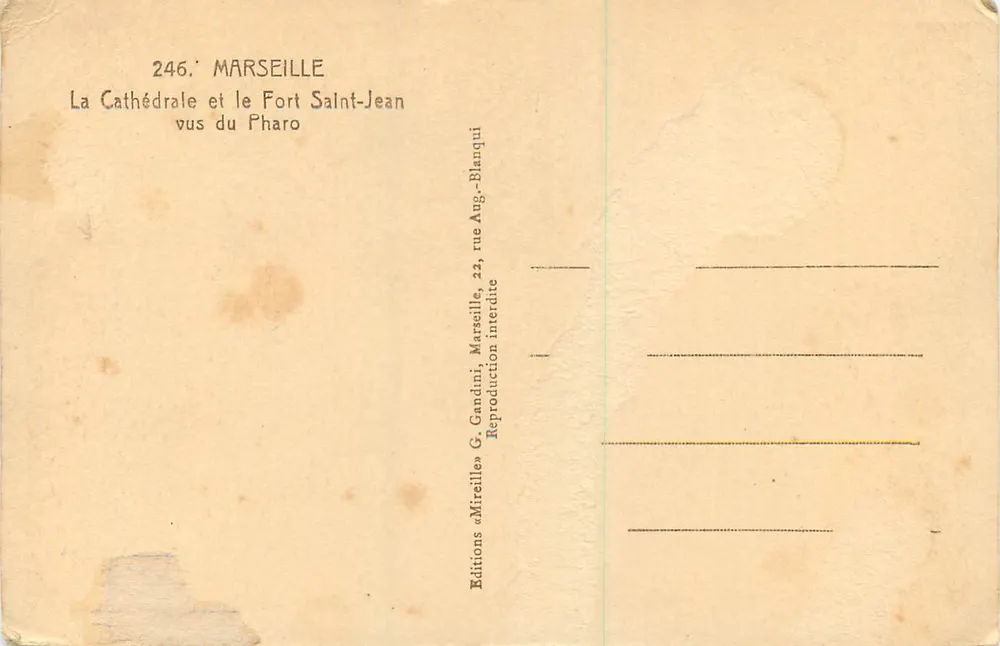 Marseille — Die Kathedrale und der Fort Saint-Jean von der Pharo aus gesehen — Mureille - Rückseite