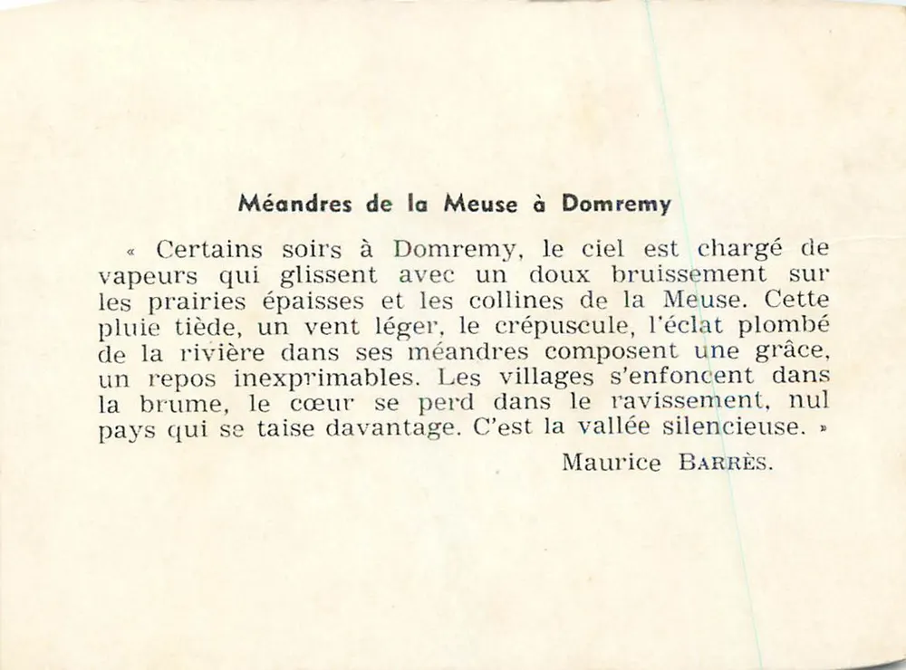 Méandres del río Meuse en Domremy — poema de Maurice Barrès — editor no visible - Reverso