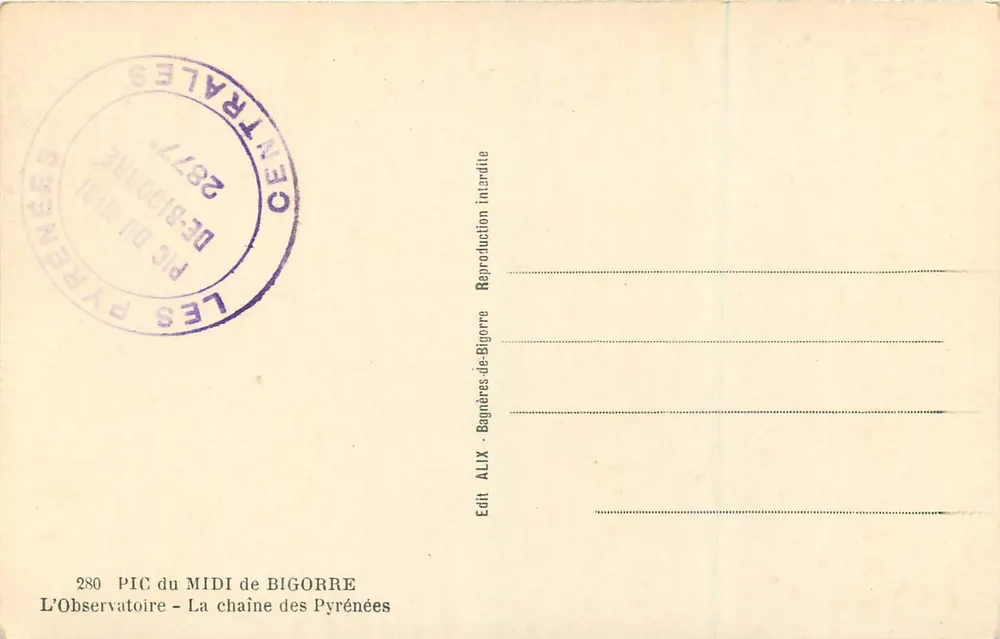 Pic du Midi de Bigorre — L'Observatoire — éditeur ALIX, n° 280 - Verso