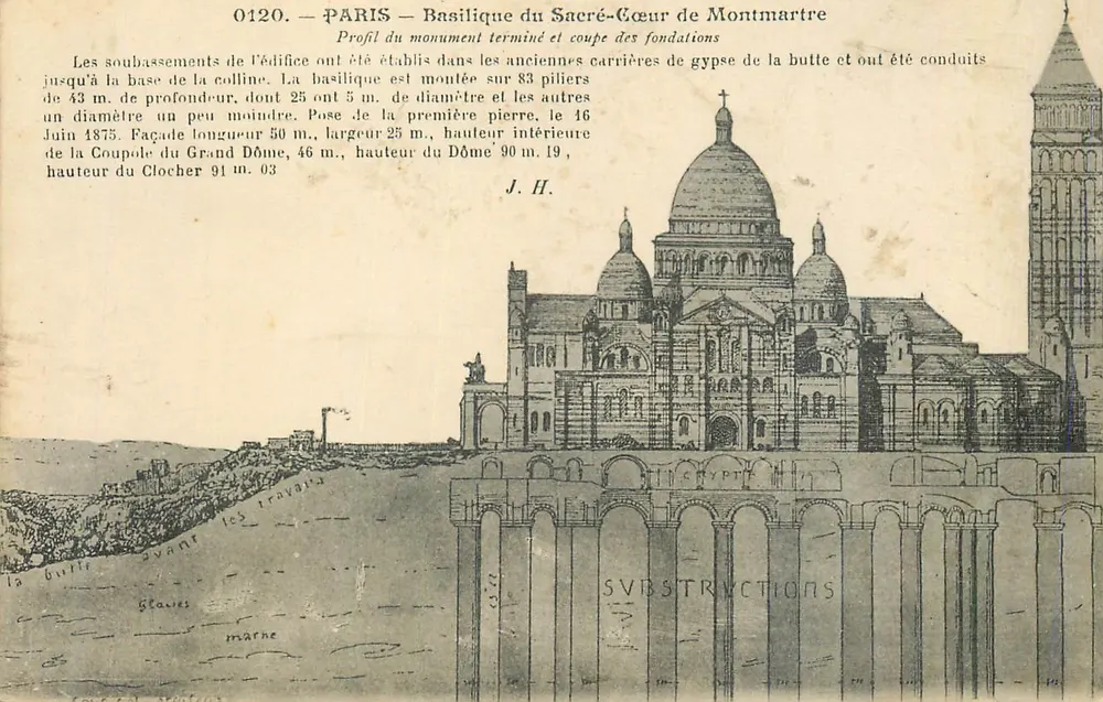 PARIS — Basilique du Sacré-Cœur de Montmartre — Profil du monument terminé et coupe des fondations - Recto