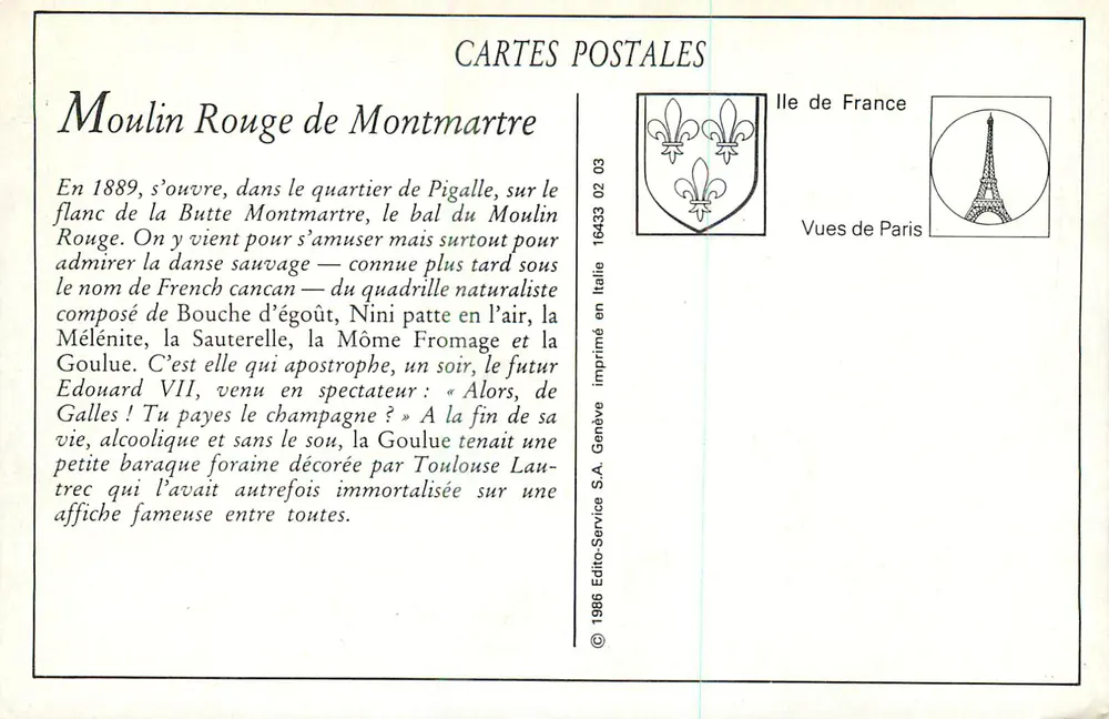 Montmartre — O Moulin Rouge — G.C.A Paris - Verso