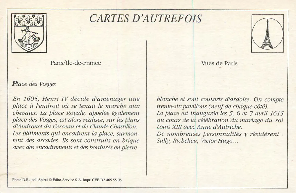 Place des Vosges — Estátua de Luís XIII — Édito-Service S.A. - Verso