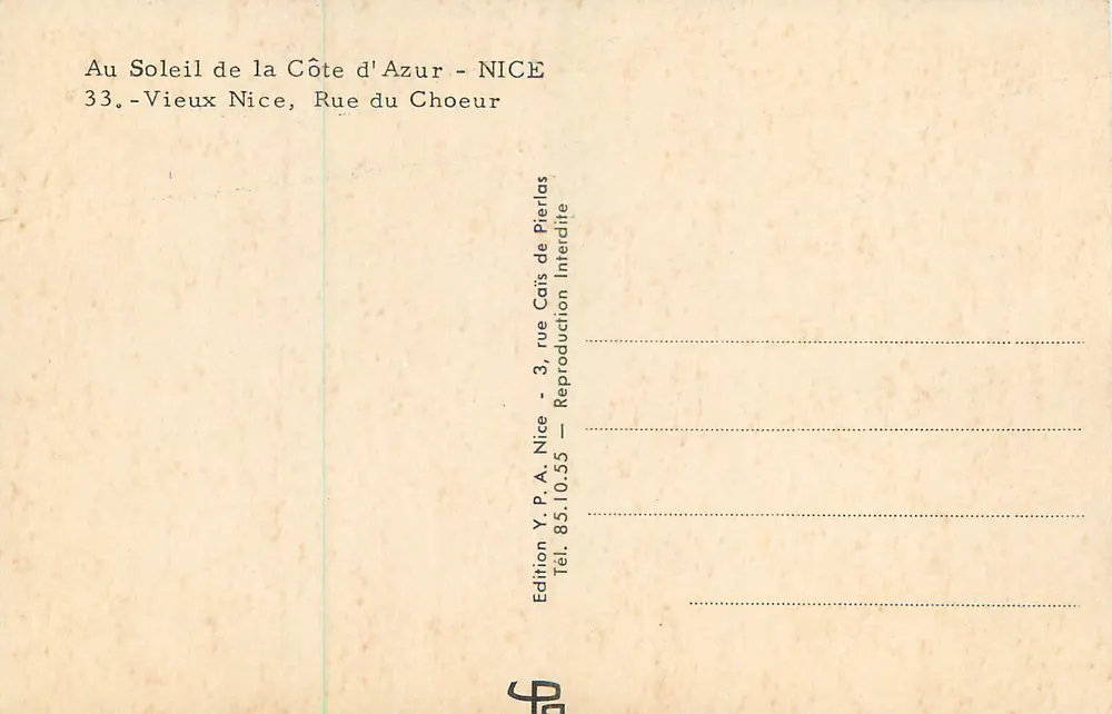 Rue des Puelles à Saint-Martin - vue de rue avec église - Édition Y.P.A. Nice - Verso