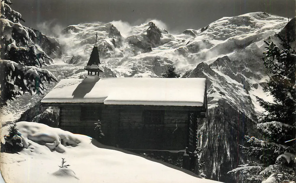 Paisagem nevada do Mont-Blanc — capela de madeira — G. Rossat Mignon - Frente