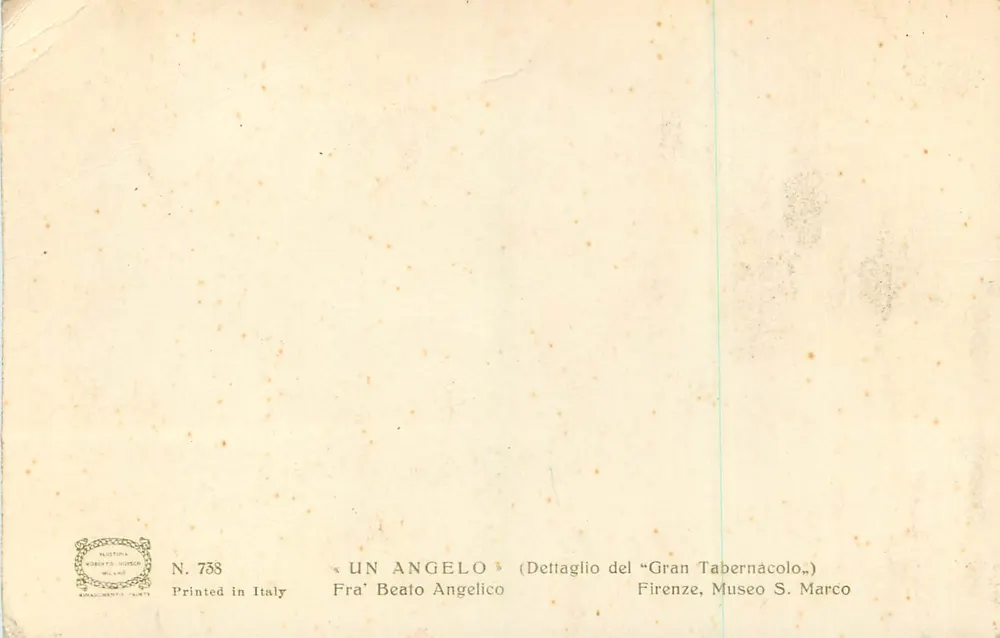 Ein Engel — Detail des großen Tabernakels — Fra' Beato Angelico, Verleger Milan, Nr. 738 - Rückseite