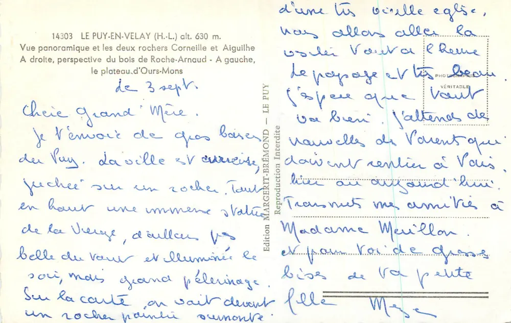 Le Puy-en-Velay — Vue panoramique et les deux rochers Corneille et Aiguilhe — Édition Margerit-Brémont - Verso