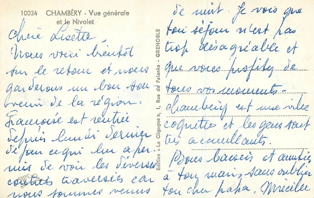 Chambéry - Vue générale et le Nivolet — Édition La Cigogne, n° 10034 - Verso
