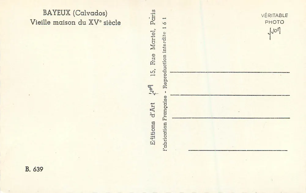 Bayeux (Calvados) — Vieille maison du XVᵉ siècle — Éditions d'Art, Paris - Verso