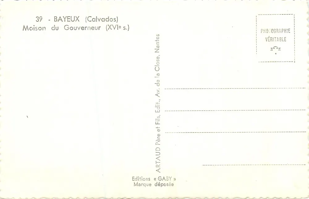 Bayeux — Maison du Gouverneur (XVIe s.) — Éditions Gaby, Nantes - Verso