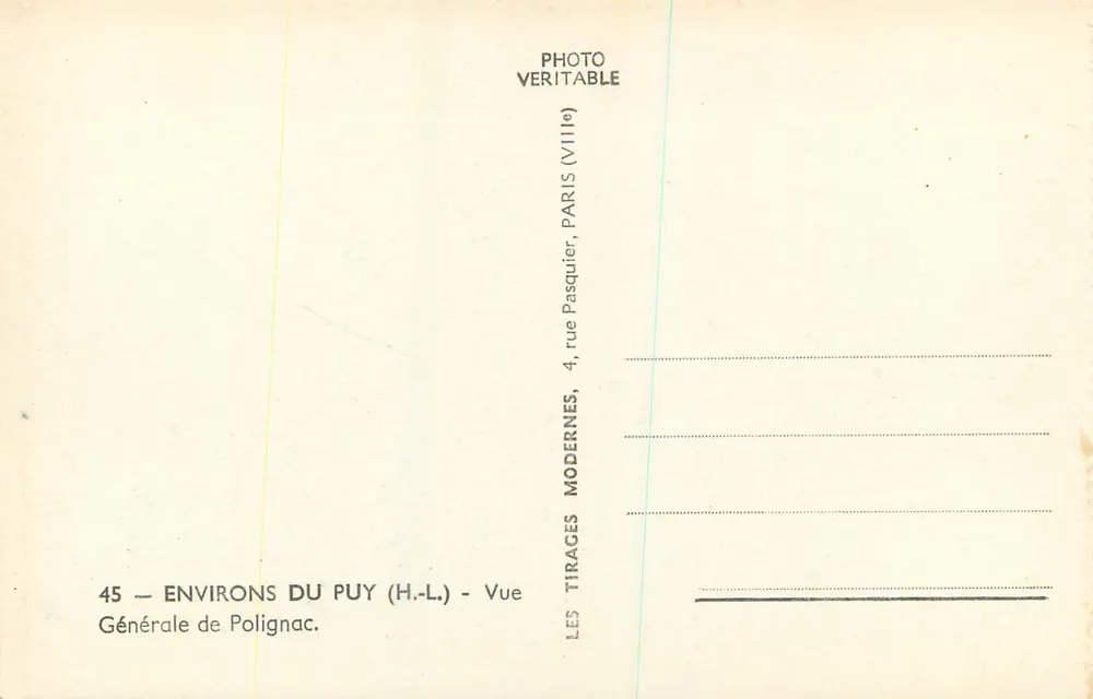 Arredores do Puy (H.-L.) — Vista geral de Polignac — Tirages Modernes, Paris - Verso