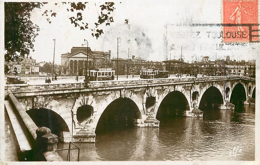 Ponte Novo em Toulouse — vista com trams — Edição Labouche Frères, Toulouse - Frente