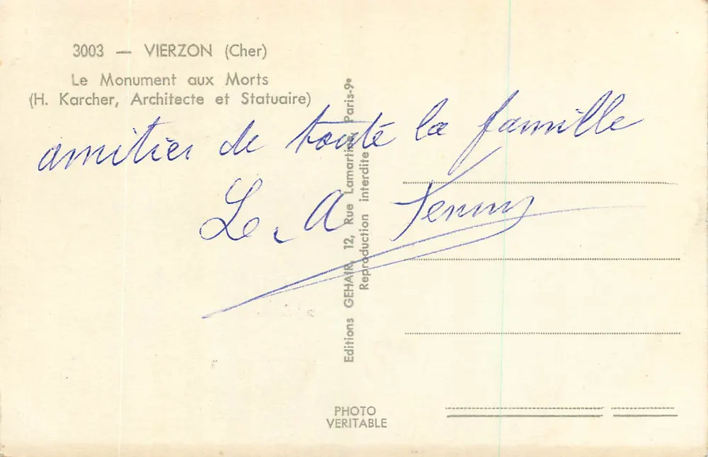 Vierzon (Cher) — Denkmal für die Toten — H. Karcher, Architekt und Bildhauer - Rückseite