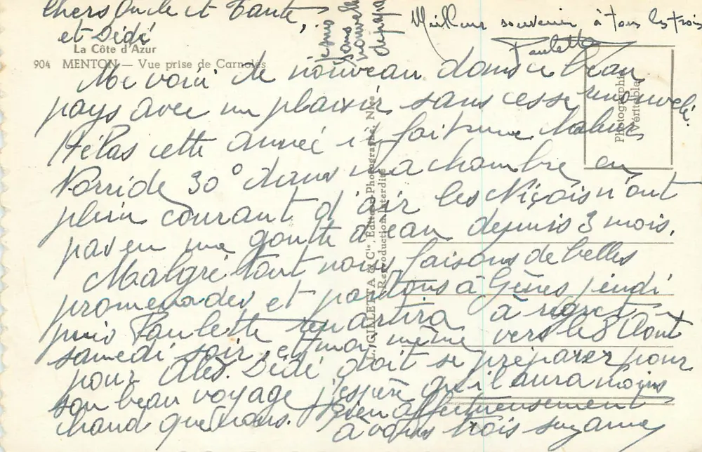 Menton — Vue prise de Carnolès — Éditeur GILLET & Cie, n° 904 - Verso