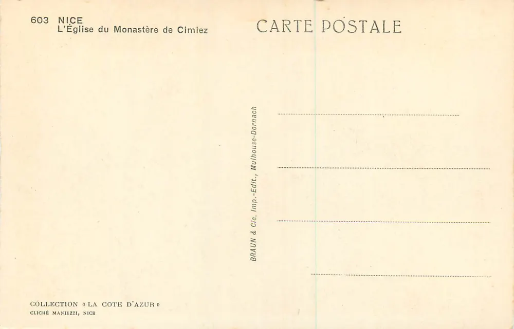 Église du Monastère de Cimiez — Nice — Cliché Maniezzi, collection 'La Côte d'Azur' - Verso