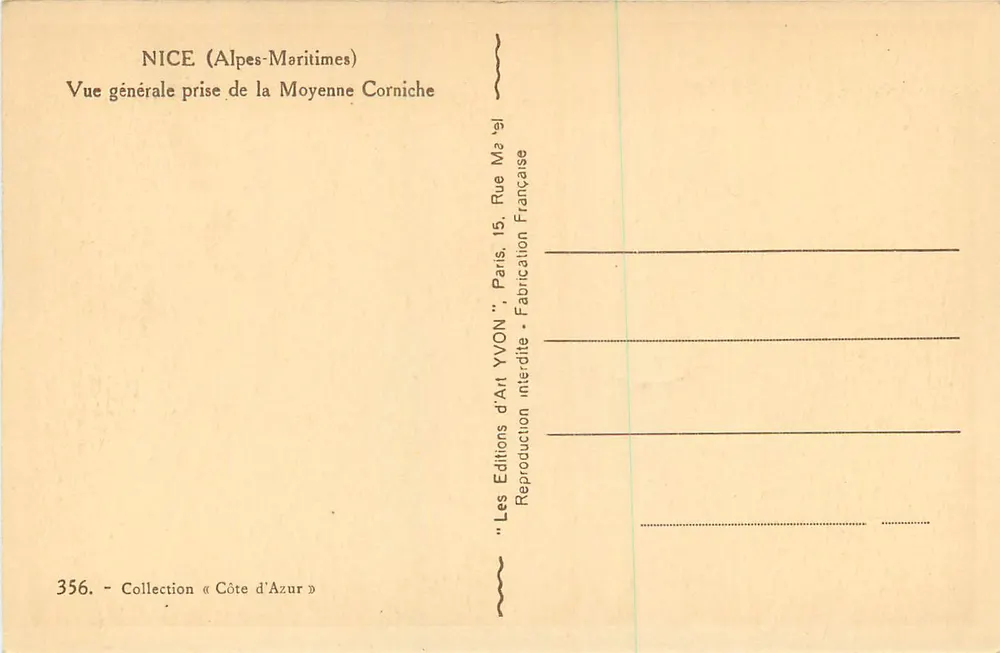 Nice (Alpes-Maritimes) — Vue générale prise de la Moyenne Corniche — Éditions d'Art YVON, Paris - Verso