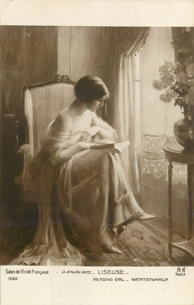 Junge Frau, die liest — Salon de l'École Française 1886 — D. Enjolras, Paris - Vorderseite