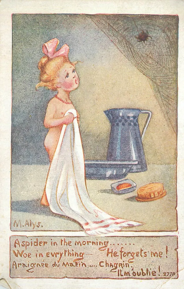 Petite fille surprise par une araignée — scène intérieure — M. Alyss. n° 2778 - Frente