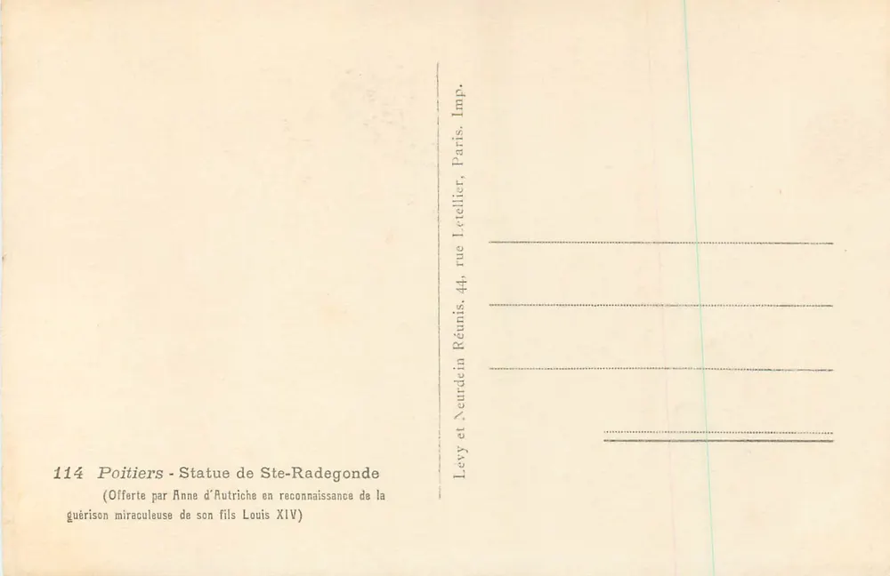 Estátua de Santa Radegunda — Poitiers — Editor Levy et Neurdein, Paris - Verso