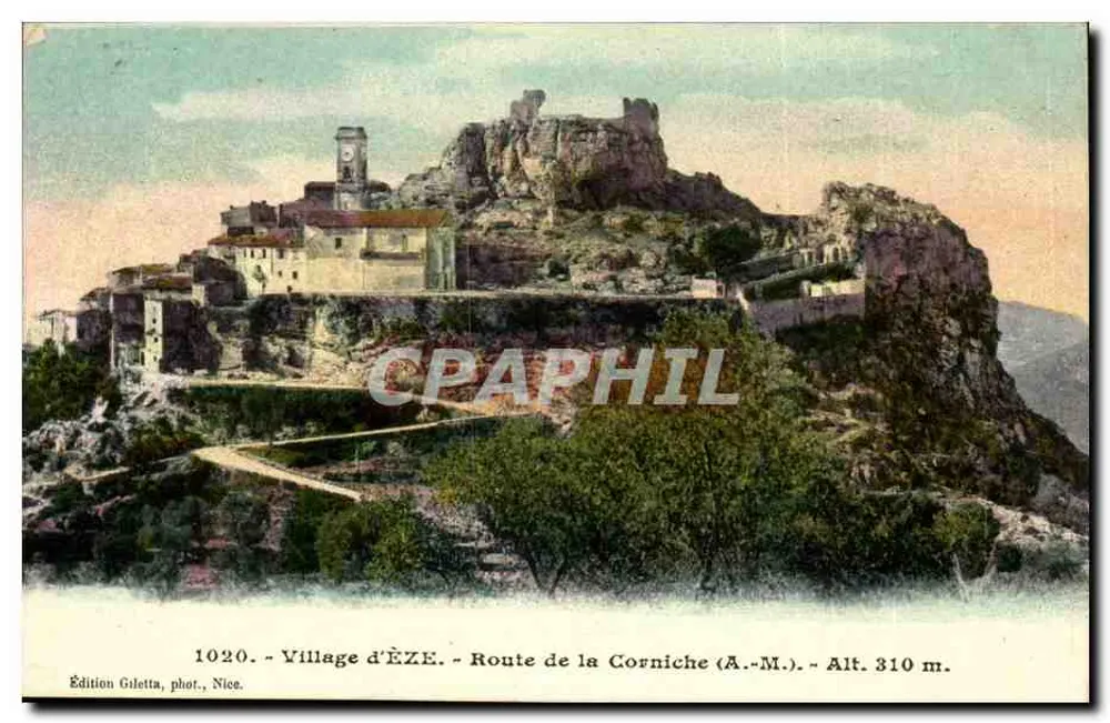 Vila de Èze — Estrada da Corniche — Edição Gilelta, fot., Nice, n° 1020 - Frente