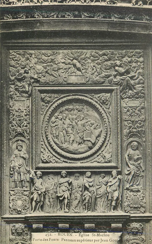 फॉन्ट्स के द्वार - ऊपरी बोर्ड जेन गूज़ द्वारा - रून - चर्च सेंट-मैक्लौ - आगे