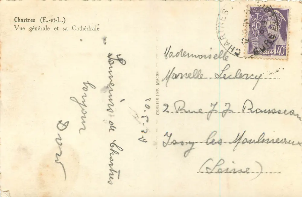 Chartres (E.-et-L.) — Vista geral e sua Catedral — Editora Combier, Imp. Macon - Verso