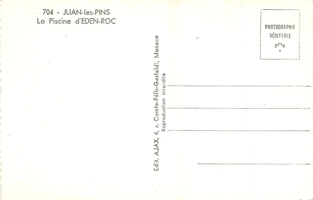 Juan-les-Pins — A Piscina de Eden-Roc — Editor AJAX, Mônaco - Verso