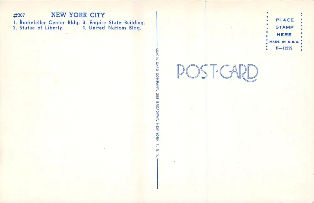 New York City — Metropolis of the World — Acacia Card Company #207 - Rückseite