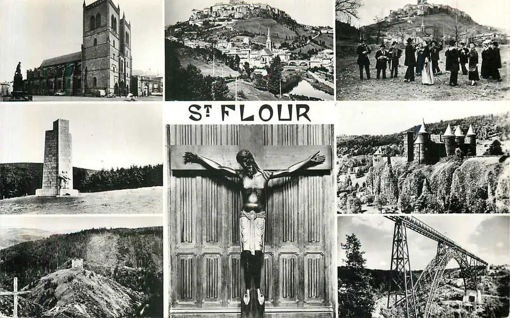 Saint-Flour — Vista Geral — Grupo Folclórico — Monumento Nacional da Resistência — Castelo de Alleuze — Cristo Negro — Viaduto de Garabit - Frente