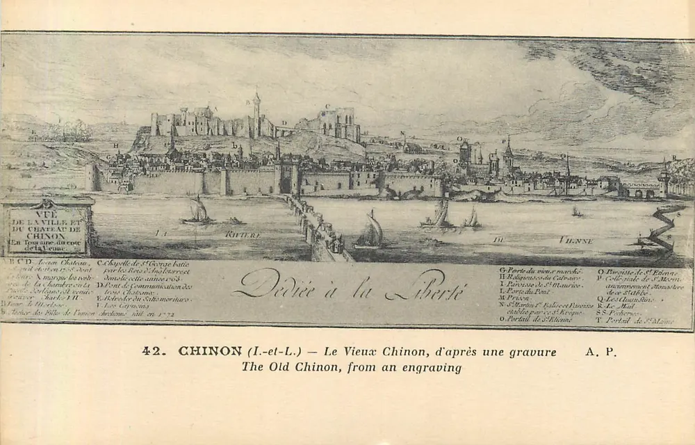 Chinon (Indre-et-Loire) — Ansicht der Stadt und des Schlosses, nach einer Kupferstechung von 1772 — A. P. - Vorderseite