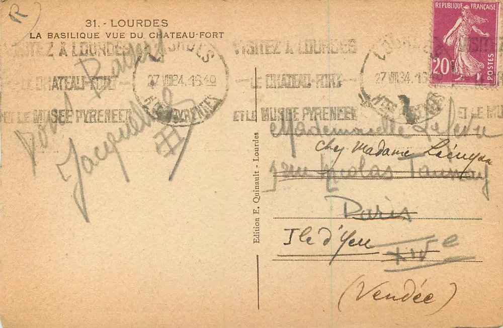 Lourdes — Vue du Château-Fort et de la Basilique — Édition E. Quinault - Verso