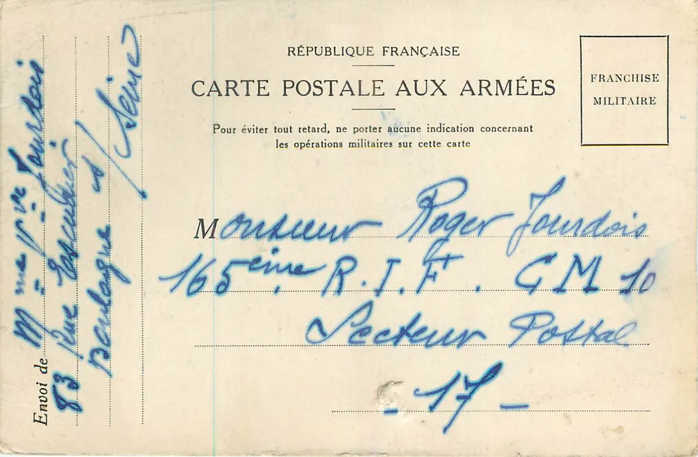 Famille à Paris — Lettre de Dany à son petit ami — Carte postale militaire française - Verso