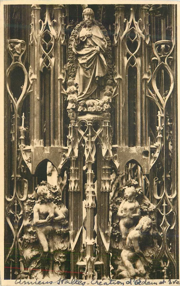 Cathedral of Amiens — Stalls of the Choir — Creation of Adam and Eve — Publisher R. C. 1061 - Front