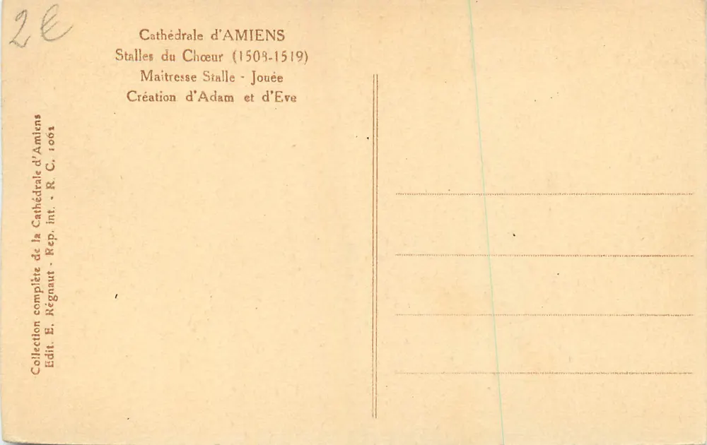 Cathedral of Amiens — Stalls of the Choir — Creation of Adam and Eve — Publisher R. C. 1061 - Back