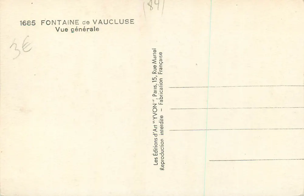 Fontaine de Vaucluse — Vista geral — Éditions d'Art 'YVON', Paris - Verso