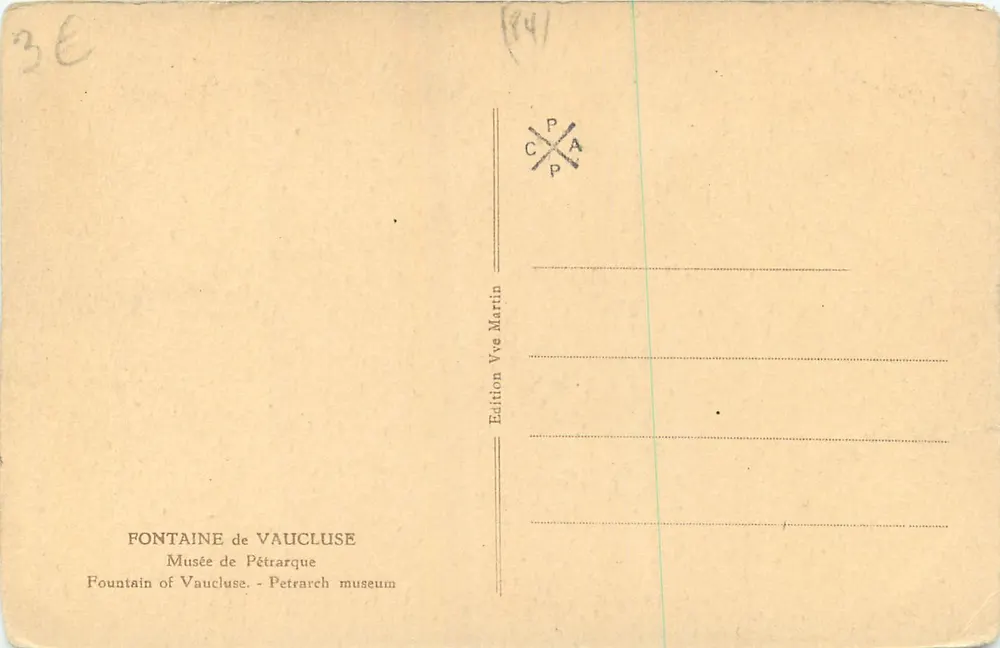 Fontaine de Vaucluse — Musée de Pétrarque — Édition Vve Martin - Verso