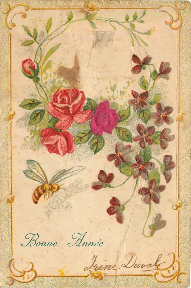 Flores e abelha — Boa Ano — Irène Duval - Frente