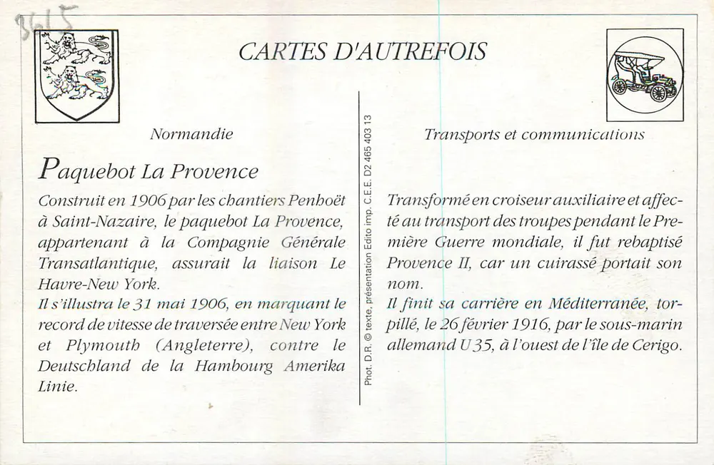 A Provença — Navio transatlântico La Provence — Coleção AD - Verso