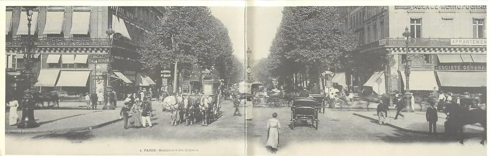 Paris - Boulevard dos Italianos — visão de rua com carruagem e comércios — editor anônimo, n°4 - Frente