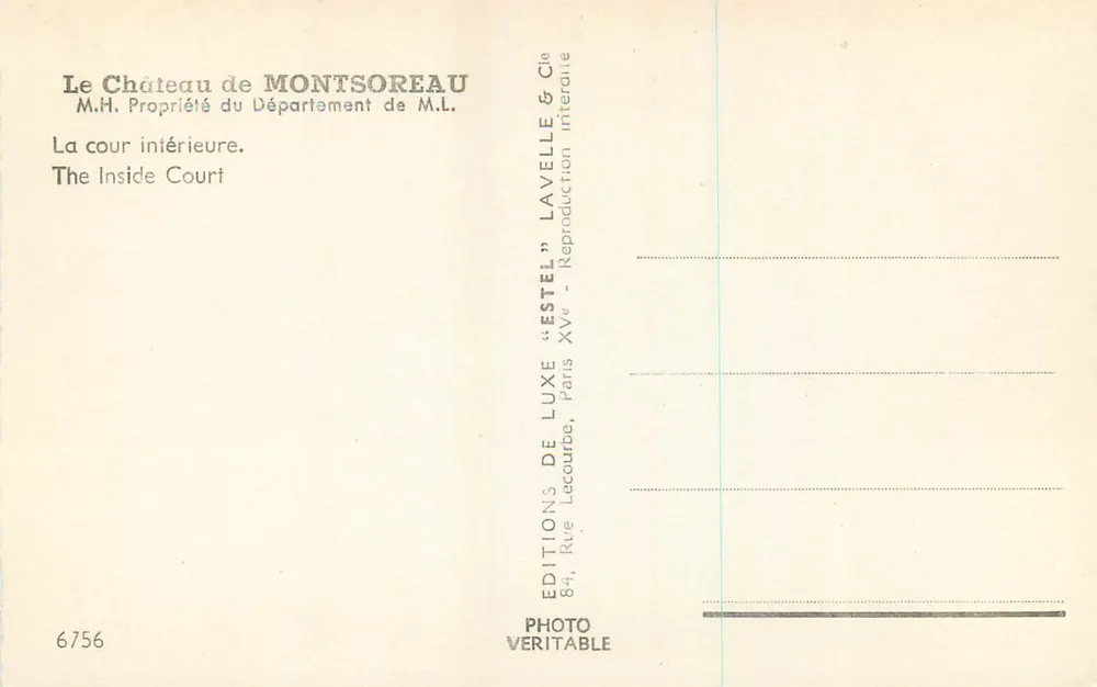 Castelo de Montsoreau — Cour intérieure — Éditions de Luxe 'Estel' n°6756 - Verso