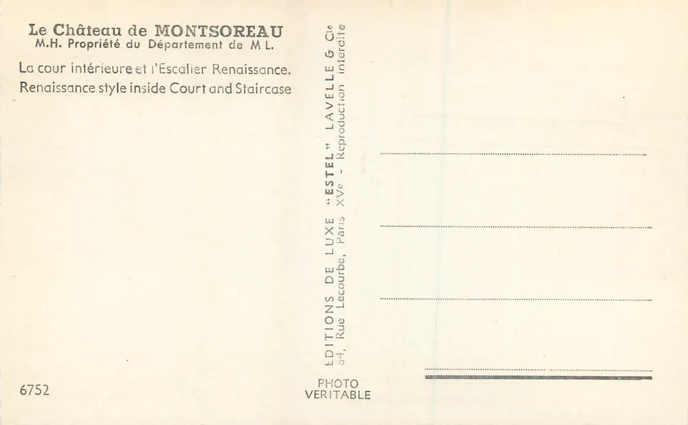 Schloss Montsoreau — Innenhof und Renaissance-Treppe — Éditions de Luxe Estel, n°6752 - Rückseite