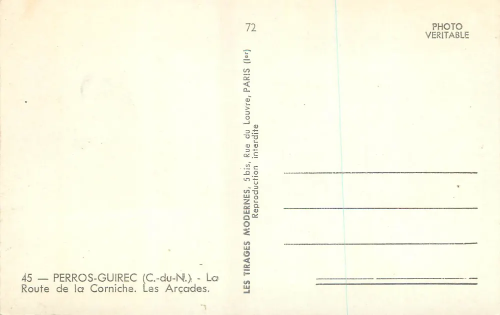 Perros-Guirec (C.-du-N.) — Route de la Corniche. Les Arcades — Tirages Modernes, Paris - Verso