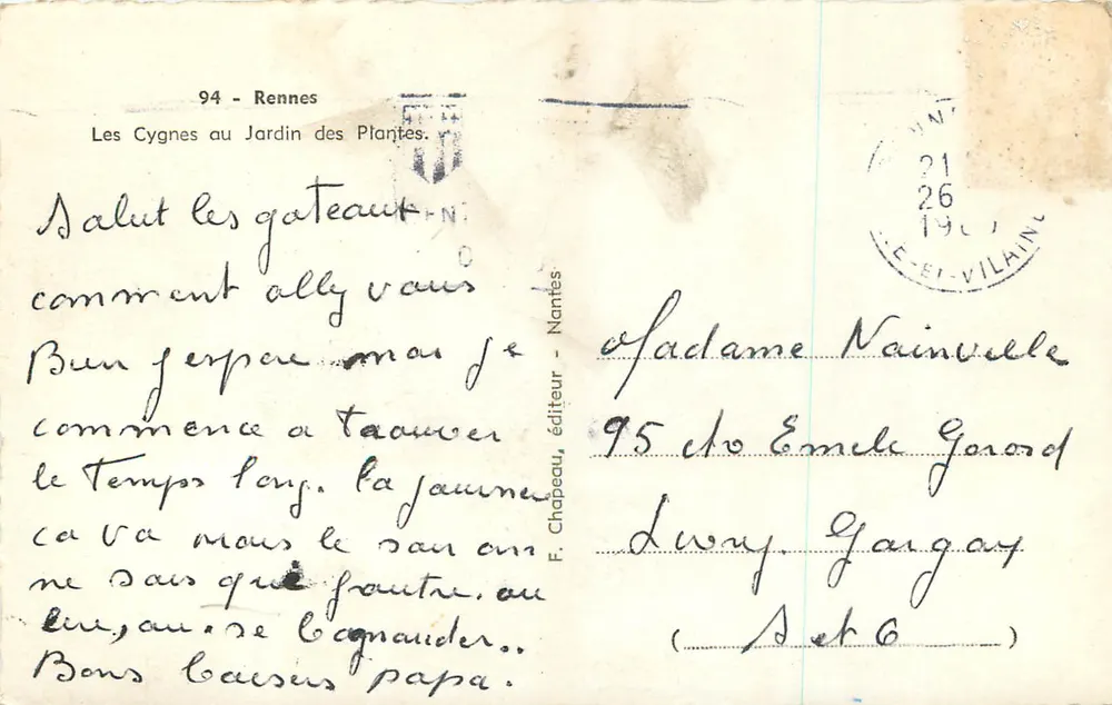 Schwanen im Jardin des Plantes — 94 — Rennes — F. Chapeau, Verleger — Nr. 95 - Rückseite