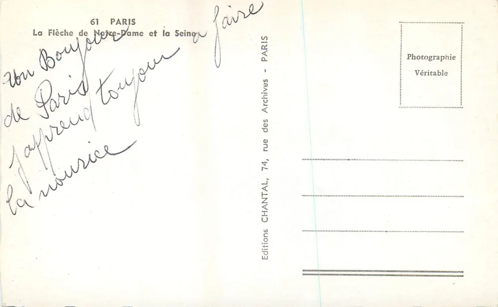 Vista de Paris — A Flecha da Catedral de Notre-Dame e a Sena — Edições Chantal - Verso