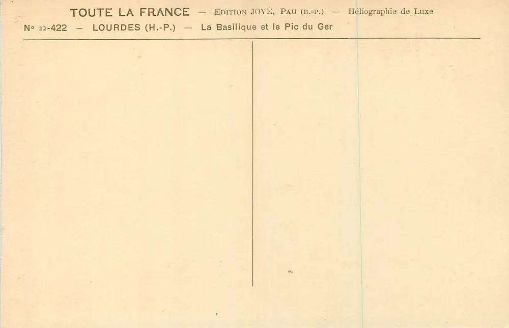 Lourdes — La Basilique et le Pic du Ger — Édition Jové, Pau (B.P.) - Verso