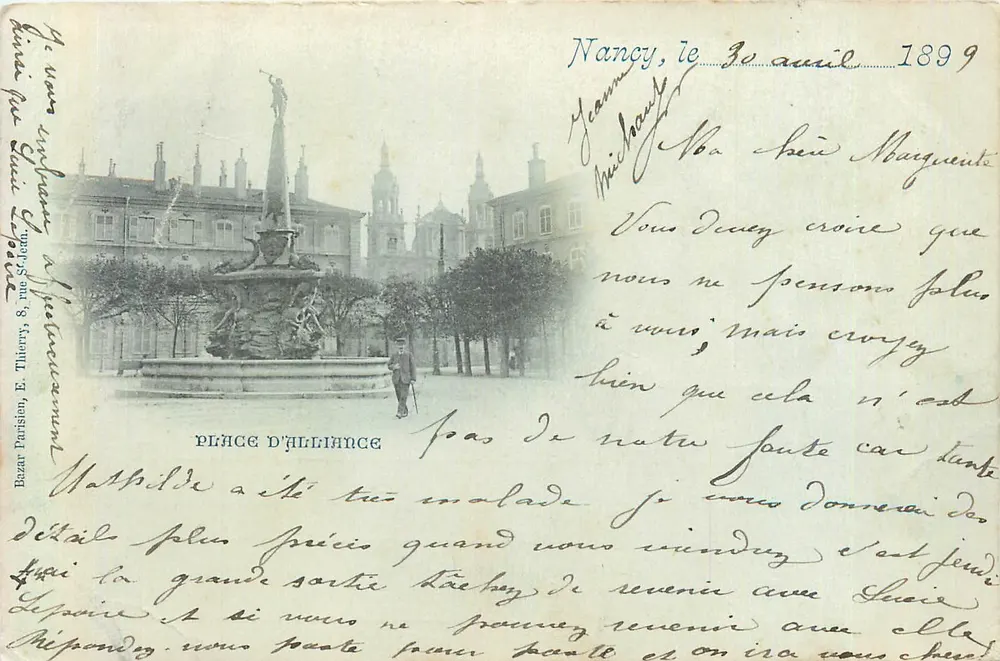 Place d'Alliance, Nancy — visão da fonte — editor Bazaz Parisien, n° 8, rue St-John - Frente