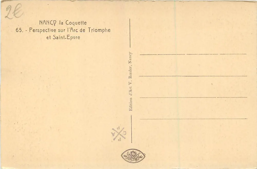 NANCY — Perspectiva sobre o Arco do Triunfo e a Igreja de Saint-Épvre — Edição V. Reeder - Verso