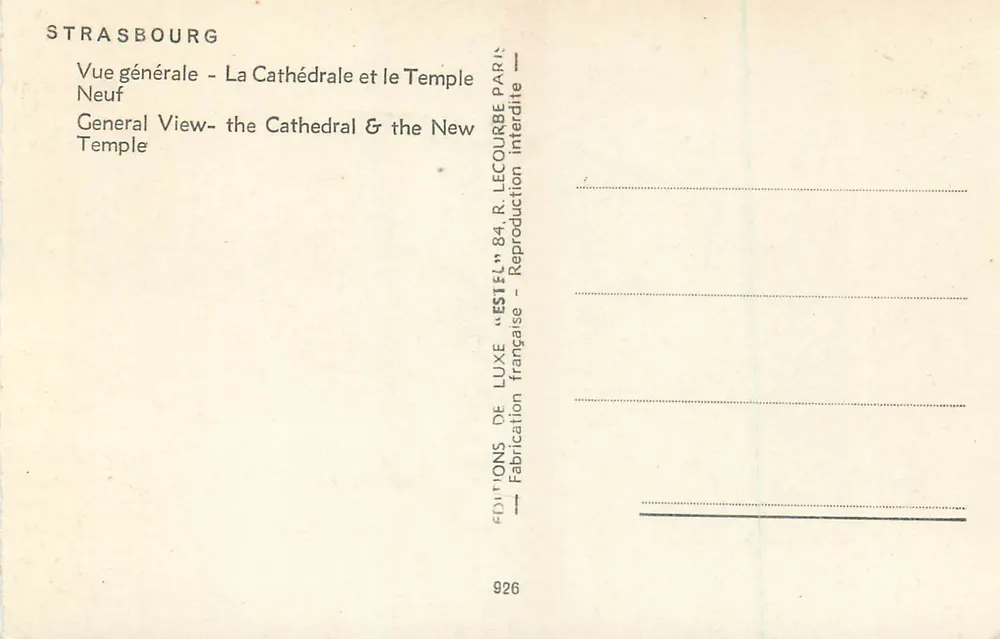 Strasbourg — Vue générale - La Cathédrale et le Temple Neuf — Éditeur Estel, n° 926 - Verso
