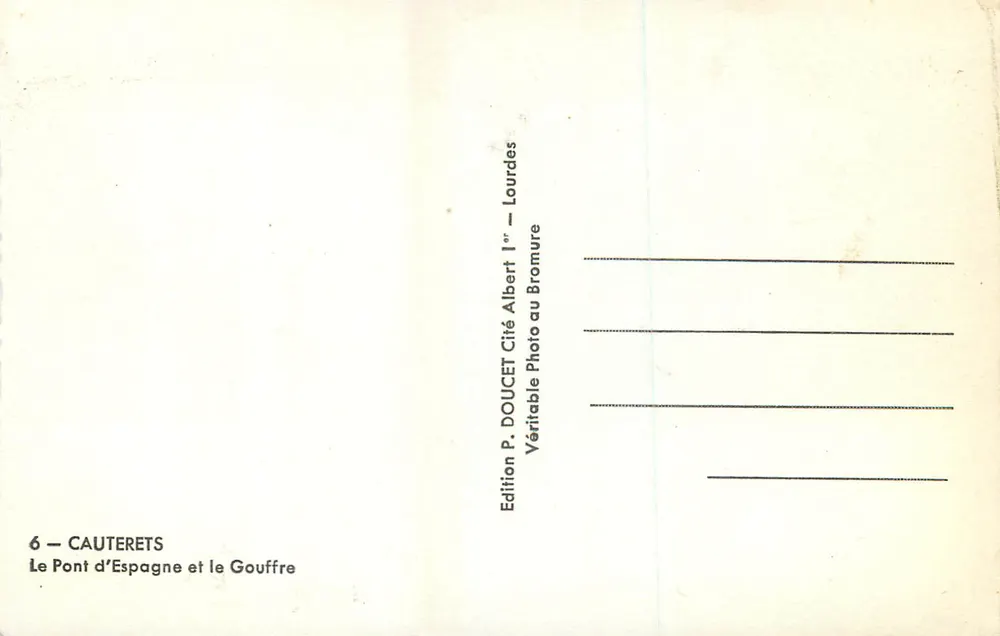 Cauterets — Pont d’Espagne et le Gouffre — Édition P. DOUCET - Verso