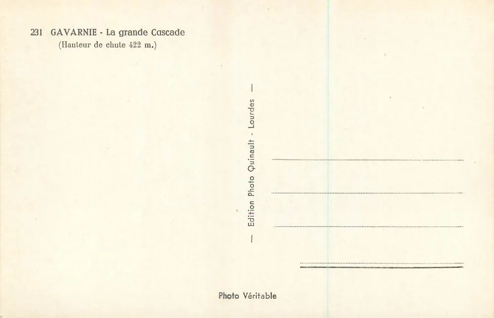 Gavarnie — La grande Cascade — Édition Photo Quinault - Lourdes - Verso