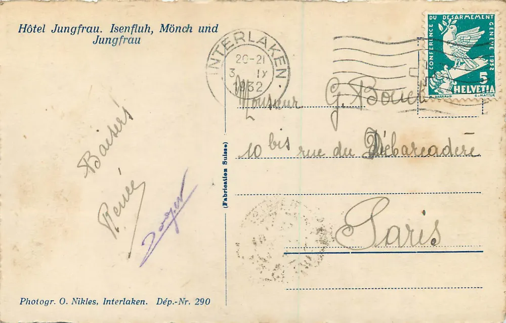 Vallée d'Interlaken — Monts Jungfrau, Mönch et Isenfluh — Photogr. O. Nikles, Dép.-Nr. 290 - Verso